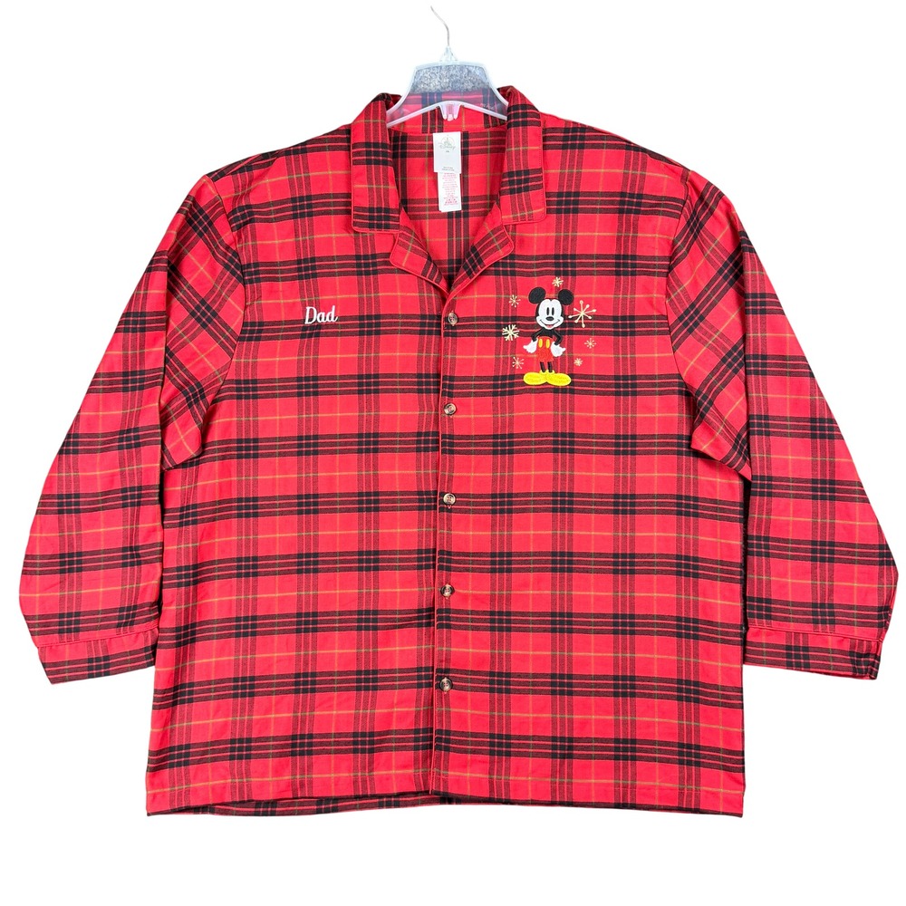 Disney Men's 2XL Mickey Mouse "Dad" Red Plaid Pajama Top Button Up Shirt Holiday